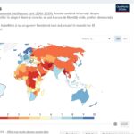 Hartă interactivă globală a indicelui democrației 2024, conform datelor Economist Intelligence Unit, cu România marcând un scor de 5.99, situată în zona „democrațiilor hibride”.