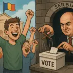 magine satirică: Poporul român sărbătorește alegerile, în timp ce Sebastian Ghiță din Serbia controlează votul cu telecomanda