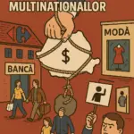 Imagine satirică cu români evacuați din locuințe și magazine, simbolizând dominația multinaționalelor și lipsa reală de suveranitate