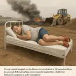 Bărbat dormind în papuci pe un pat în aer liber, în apropiere de un incendiu de deșeuri și un buldozer în Insula Mare a Brăilei