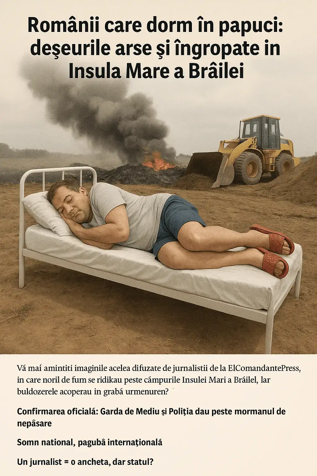 Bărbat dormind în papuci pe un pat în aer liber, în apropiere de un incendiu de deșeuri și un buldozer în Insula Mare a Brăilei