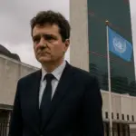 Nicușor Dan stând solemn în fața sediului ONU, simbolizând izolaționismul diplomatic al României