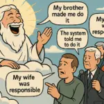 Satirical cartoon titled “Judgment Day Excuses” where God laughs as people give absurd justifications like “My wife pushed me” or “It was the system’s fault.”
