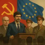 A political illustration of a man in a suit speaking at a podium, with EU and Soviet flags behind him, flanked by generals — symbolizing Romania's hybrid regime in 2025