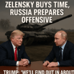 Donald Trump and Vladimir Putin sitting at a table with a Russian tank in the background; headline: "Zelensky Buys Time, Russia Prepares Offensive"; quote: "Trump: 'We'll find out in about two weeks.