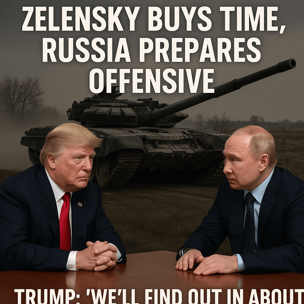 Donald Trump and Vladimir Putin sitting at a table with a Russian tank in the background; headline: "Zelensky Buys Time, Russia Prepares Offensive"; quote: "Trump: 'We'll find out in about two weeks.