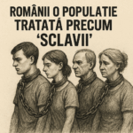 Ilustrație satirică reprezentând cetățeni români înlănțuiți, simbolizând tratarea populației ca resursă de mobilizare forțată.