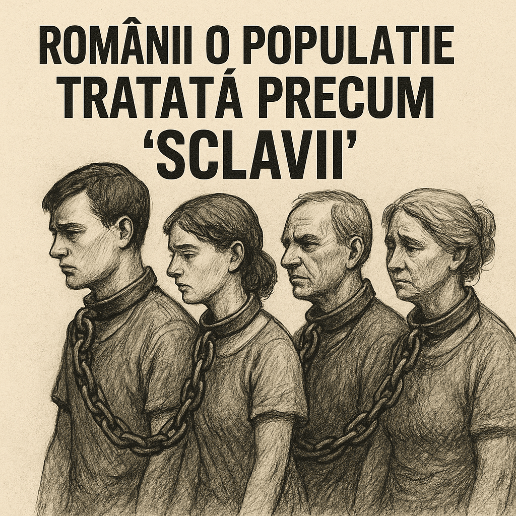 Ilustrație satirică reprezentând cetățeni români înlănțuiți, simbolizând tratarea populației ca resursă de mobilizare forțată.