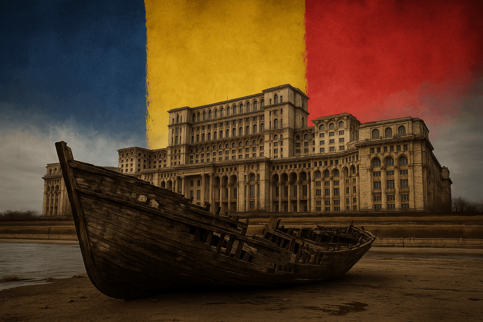 Epavă de corabie în fața Palatului Parlamentului din București, cu tricolorul românesc în fundal