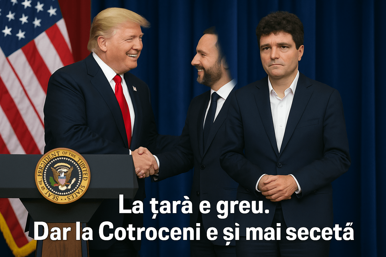 Donald Trump felicită președintele Poloniei cu o strângere de mână, în timp ce Nicușor Dan stă singur, cu mâinile împreunate, într-un gest de resemnare, sub mesajul: „La țară e greu. Dar la Cotroceni e și mai secetă.”
