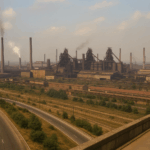 Combinatul Siderurgic Galați văzut de pe viaduct în anii 1980, cu furnale și clădiri industriale active, imagine realistă color