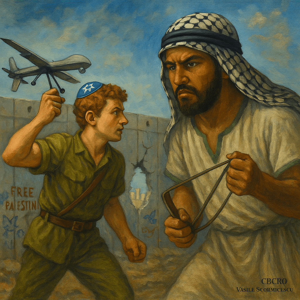Pictură simbolică reprezentând confruntarea dintre un tânăr și un luptător palestinian, cu inscripția „Free Palestine”, folosită de CBCRO pentru analiză geopolitică.