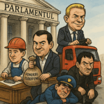 Caricatură politică digitală reprezentând Parlamentul României ca un „cuibușor de impostori”. Un zidar cu mistria și cămașă populară stă pe fotoliul Comisiei pentru fonduri europene, deasupra unei valize cu bani UE. În spatele lui, un speculant imobiliar ține un plan cadastral fals cu ștampila „validat”. Alături, un hoț calare pe un TIR cu marfă furată strigă „Sunt european!”, iar în colț, un fost deputat bate cu bocancul un polițist căzut, pe care scrie „stat de drept”. Pe frontonul clădirii Parlamentului apare inscripția: „Casa hoților cu legitimație”. În fundal, drapelul României e murdar și inversat.