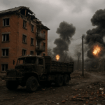 Clădiri distruse și camioane militare arse într-un oraș ucrainean bombardat, cu explozii masive și fum gros ridicându-se din ruine, în contextul ofensivei ruse din nordul Ucrainei