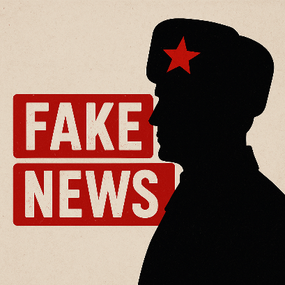 Imagine simbolică despre fenomenul „fake news”, reprezentând o siluetă în stil propagandistic sovietic cu stea roșie, care sugerează manipularea mediatică și influența ideologică în presa modernă.