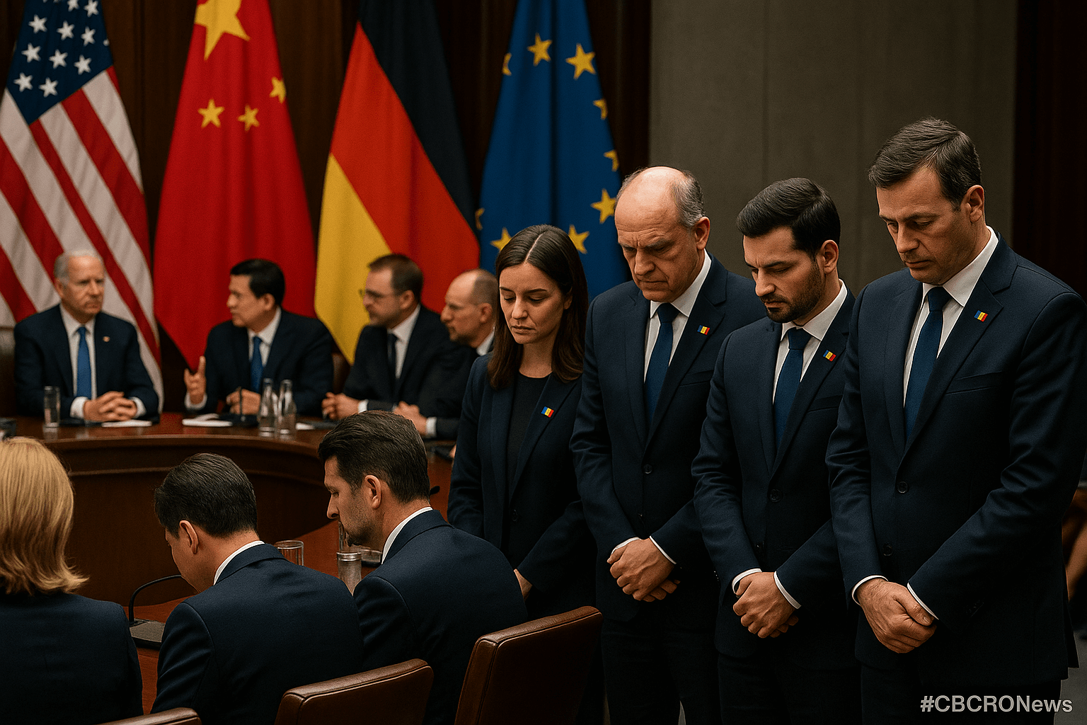 Delegația României cu insigne tricolore la o reuniune FMI, stând cu capetele plecate în fața marilor puteri – #CBCRONews