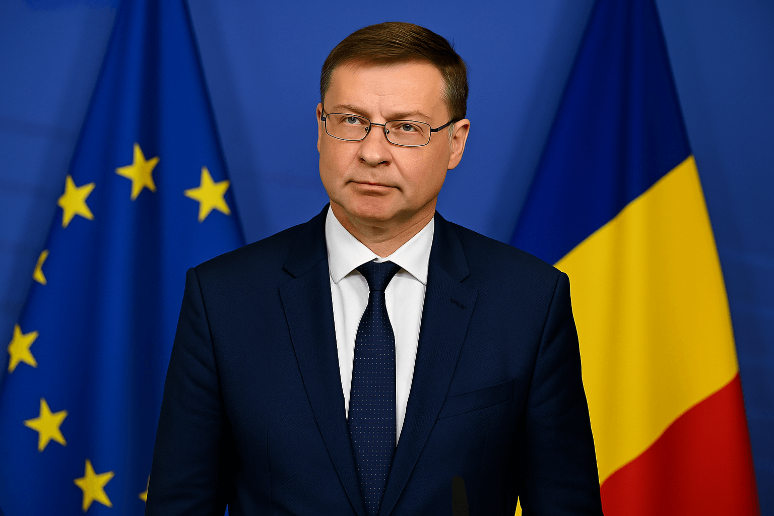 Valdis Dombrovskis în fața steagurilor Uniunii Europene și României, în timpul vizitei oficiale la București.