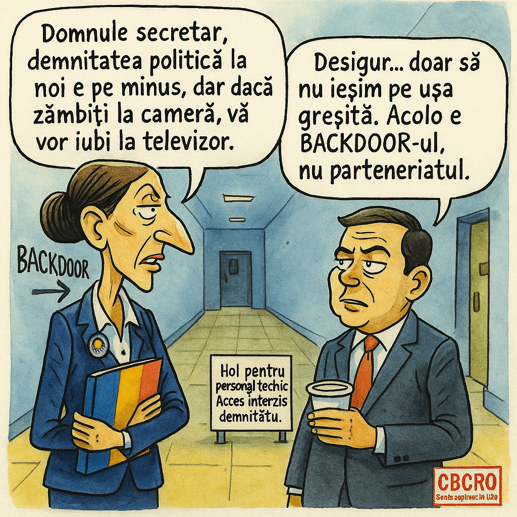 Caricatură satirică în stil Charlie Hebdo: o funcționară româncă anonimă, cu chip ascuțit și mapă tricoloră, discută cu un oficial american într-un hol marmorat gol, lângă o pancartă „BACKDOOR →”. Ilustrație CBCRO despre slugărnicia diplomatică românească.