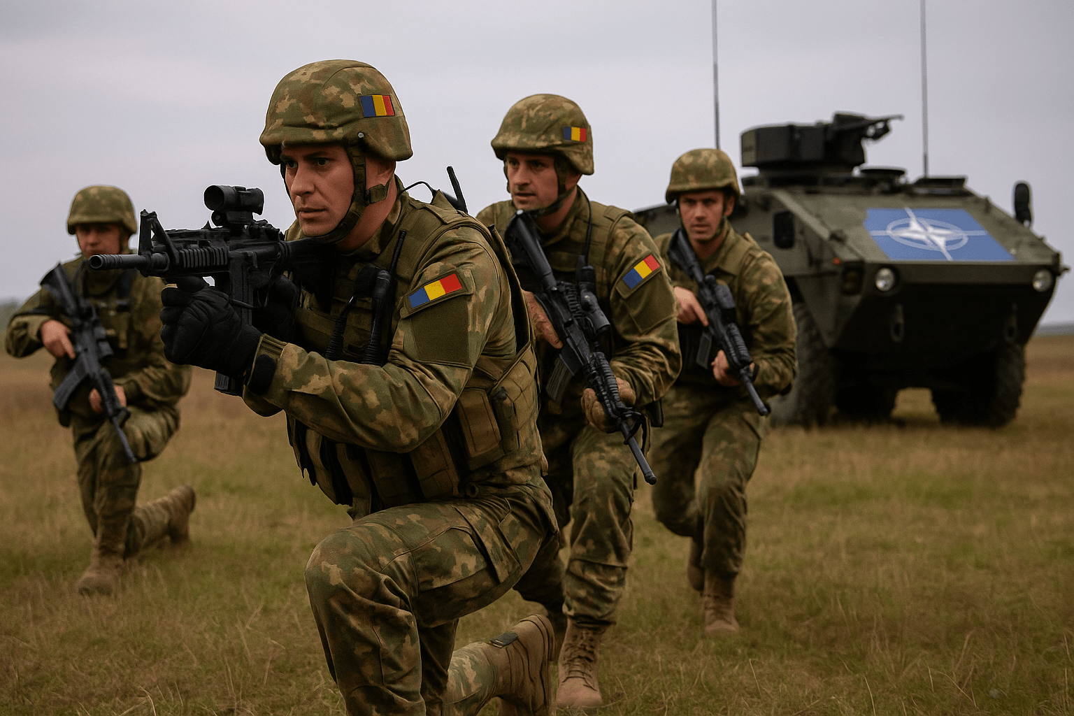 Soldați români în exercițiu NATO, echipați complet, în teren deschis, imagine simbol pentru mobilizarea lentă a României