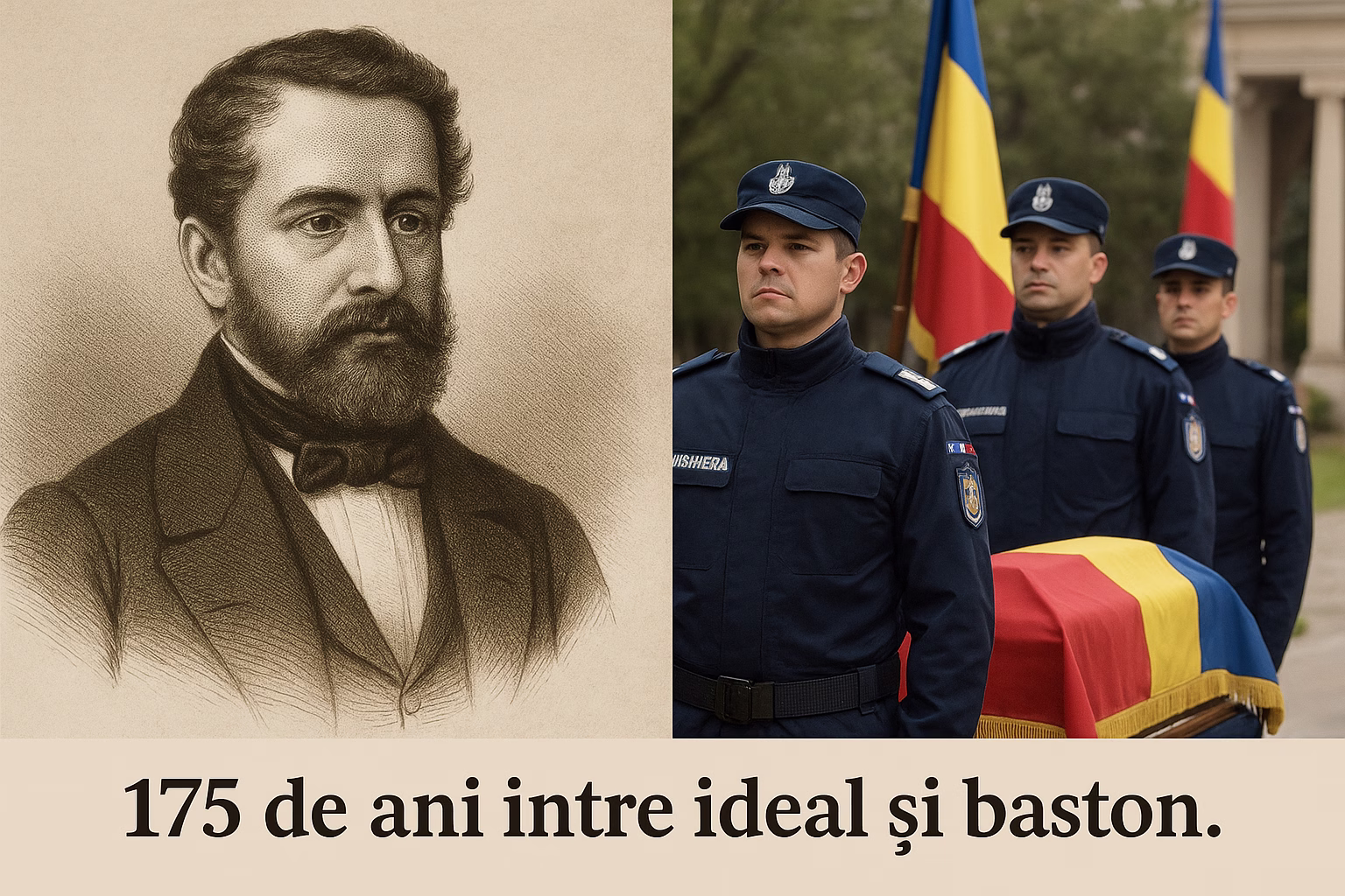 Portret sepia al lui Grigore Alexandru Ghica alăturat unei scene cu jandarmi români moderni la ceremonie, mesaj „175 de ani între ideal și baston”